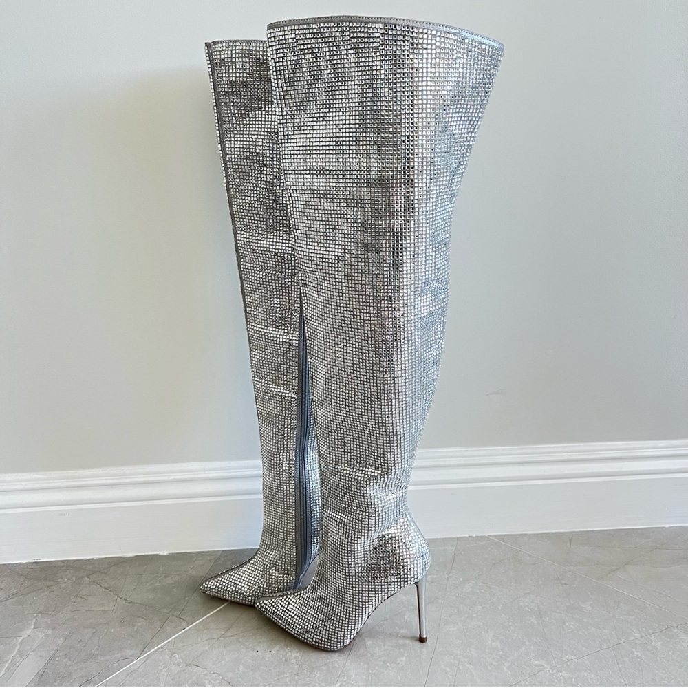 STEVE MADDEN Skyscraper Rhinestone Bling Silver Over The Knee Heels Boots Sz 6.5 - Picture 9 of 16